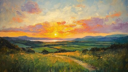 Vibrant sunset over serene landscape with lush green fields and distant mountains