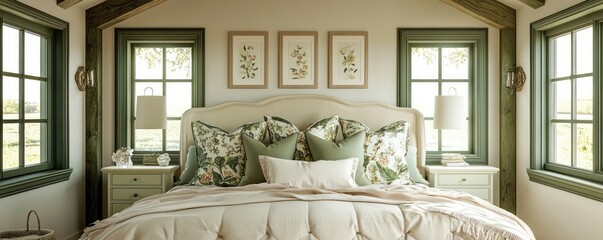 A charming bedroom with a cream-colored bed adorned with soft green floral pillows