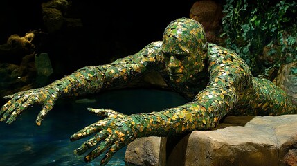 Fototapeta premium Sculpture of a human figure blending with nature, reaching toward the water in a serene setting surrounded by rocks and greenery