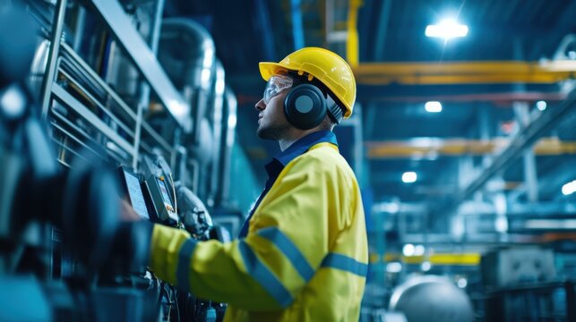 An industrial hygienist conducting noise level measurements in a manufacturing plant, with sound meters and production machinery visible, Noise level measurement scene
