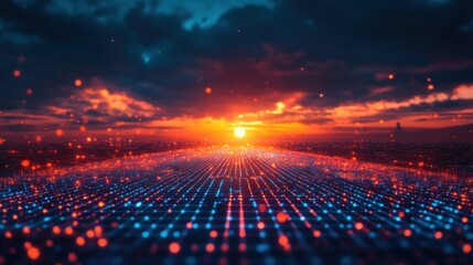 Obraz premium Colorful digital sunset over futuristic pixelated landscape with dramatic clouds