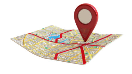 Red location pin pointing on folded city map with transparent background