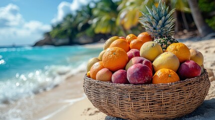 Tropical fruit basket on beach; ocean background; vacation