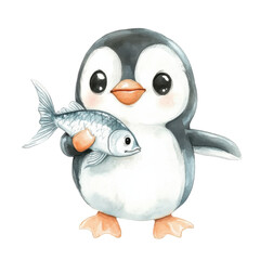 Obraz premium Cute cartoon penguin holding a fish with happy expression on its face isolated png