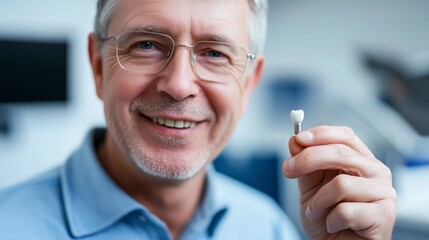 Smiling dentist holding dental implant in clinic close-up with focus on prosthetic tooth and tools