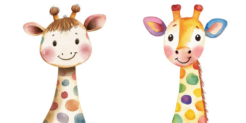 Obraz premium Cute cartoon giraffe characters with colorful patterns and smiling expressions isolated png