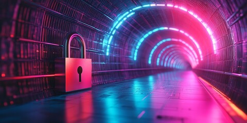 Obraz premium A glowing neon lock inside a cyber tunnel, symbolizing online security, encryption, and data protection. Perfect for cybersecurity, technology, and digital safety themes.