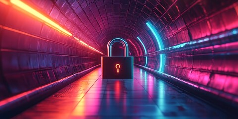 A glowing neon lock inside a cyber tunnel, symbolizing online security, encryption, and data protection. Perfect for cybersecurity, technology, and digital safety themes.