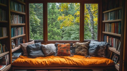 Cozy reading nook with orange cushions overlooking lush green forest through a large window