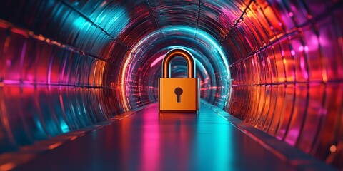 A glowing neon lock inside a cyber tunnel, symbolizing online security, encryption, and data protection. Perfect for cybersecurity, technology, and digital safety themes.