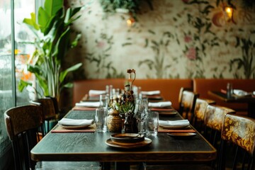 An elegantly set restaurant dining room, awaiting guests with meticulously arranged tables and chairs.