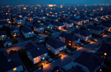 Obraz premium Homes with Wi-Fi connectivity symbols animated at night. Modern American residential area. Digital infrastructure and connectivity. 