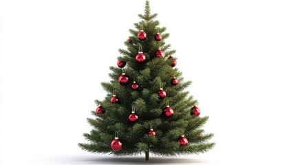 Elegant christmas tree decorated with red baubles isolated on white background