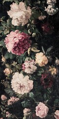 Moody Floral Still Life Painting with Peonies and Roses in Dark Academia Style, Dramatic Lighting, Baroque Aesthetics, Vintage Feel
