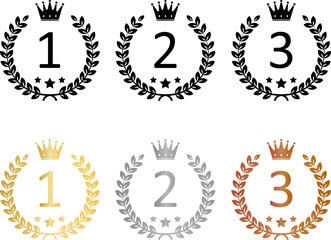 Number one, Number 2, Number 3, gold, silver, bronze crown laurel banner vector icon illustration white background.