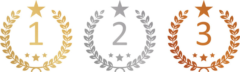 Number one, Number 2, Number 3, gold, silver, bronze crown laurel banner vector icon illustration white background.