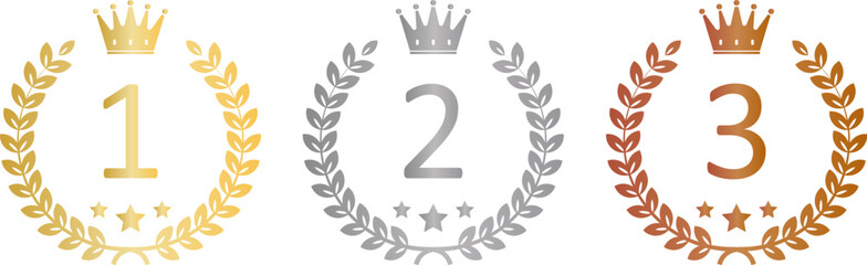 Number one, Number 2, Number 3, gold, silver, bronze crown laurel banner vector icon illustration white background.