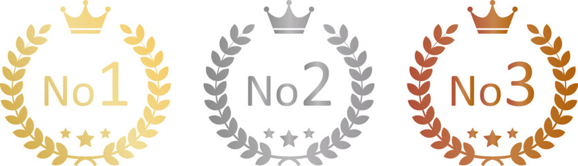 Obraz premium Number one, Number 2, Number 3, gold, silver, bronze crown laurel banner vector icon illustration white background.