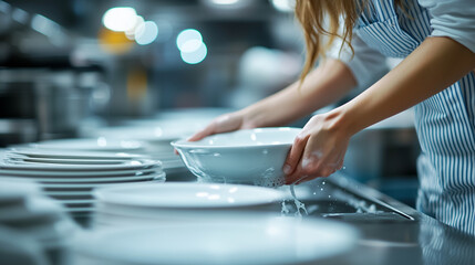 A woman in a professional kitchen washes dishes with soap and water, ensuring cleanliness and hygiene.
