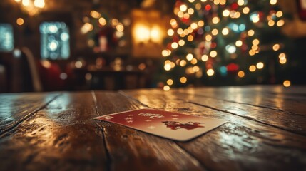 Playing card on rustic wooden table with blurred christmas lights in background