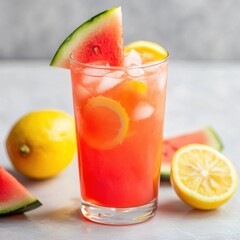Refreshing watermelon lemonade in glass with ice and fruit slices on a light background