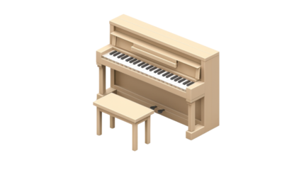 Beige vertical piano with stool on transparent background