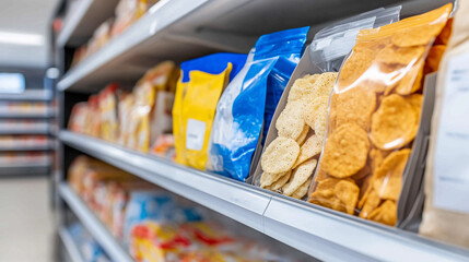 Supermarket aisle with neatly arranged snack bags on shelves, featuring chips and packaged food in colorful packaging.