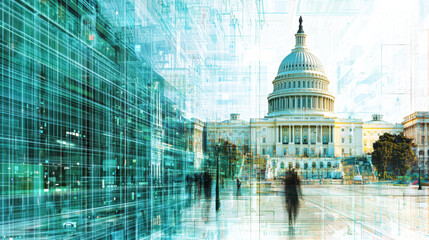 Glowing US Capitol in Futuristic Cyber Government Network
