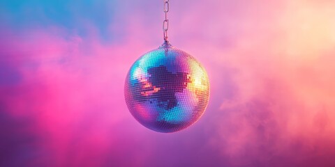 Fototapeta premium A classic disco ball with bright, colorful reflections, set against a pink and purple glowing background. Ideal for nightlife, parties, and music-themed content.