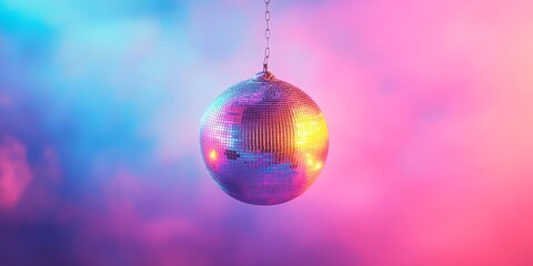 Fototapeta premium A classic disco ball with bright, colorful reflections, set against a pink and purple glowing background. Ideal for nightlife, parties, and music-themed content.
