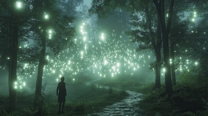 Fototapeta premium Silhouette of a person observing glowing fireflies in a mystical forest at night