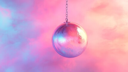 Fototapeta premium A classic disco ball with bright, colorful reflections, set against a pink and purple glowing background. Ideal for nightlife, parties, and music-themed content.