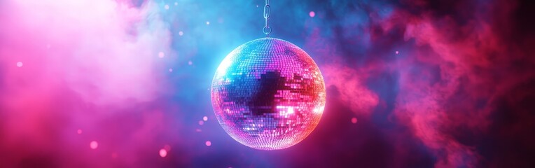 Obraz premium A classic disco ball with bright, colorful reflections, set against a pink and purple glowing background. Ideal for nightlife, parties, and music-themed content.