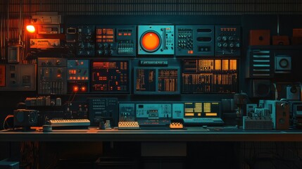 Retro electronics control room with vintage synthesizers and analog equipment