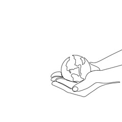 Continuous one line art drawing hands hold Earth globe. Save and protect earth planet linear concept. Vector illustration isolated on white background.
