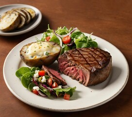 Steak dinner with potato and a salad