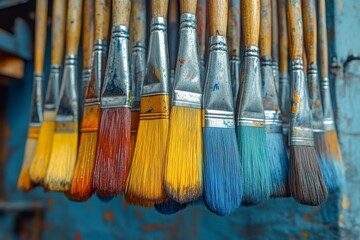 Fototapeta premium Array of Traditional Paintbrushes Adorning a Wall in an Artistic Display Showcase the Beauty of Artistic Tools in a Creative Studio Setting