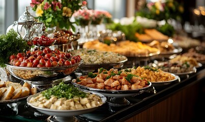 A buffet table laden with various dishes including salads, tomatoes, and meats with flowers in the background
