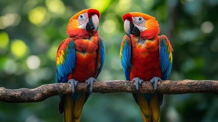 Two scarlet macaws perched on branch, rainforest background, wildlife photography