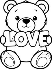 Fototapeta premium Cute Teddy Bear Holding Love Text Coloring Page