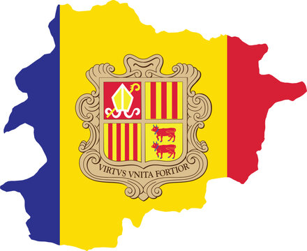 A creative illustration of Andorra map with the country's flag integrated within it. Symbol of Andorra's national pride, emphasizing geography and identity.