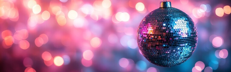 Obraz premium A classic disco ball with bright, colorful reflections, set against a pink and purple glowing background. Ideal for nightlife, parties, and music-themed content.