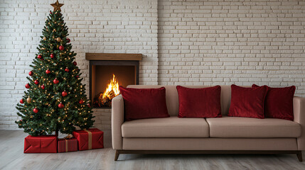 Cozy living room decorated for Christmas with a tree, fireplace, and festive gifts (1)