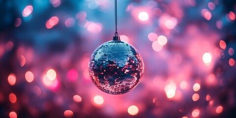 Fototapeta premium A classic disco ball with bright, colorful reflections, set against a pink and purple glowing background. Ideal for nightlife, parties, and music-themed content.