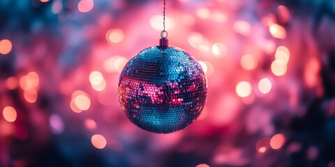 Obraz premium A classic disco ball with bright, colorful reflections, set against a pink and purple glowing background. Ideal for nightlife, parties, and music-themed content.