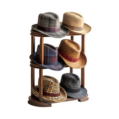 Decorative Hat Racks with Vintage Accents - Stack of Hats on Wooden Stand Isolated on Transparent Background
