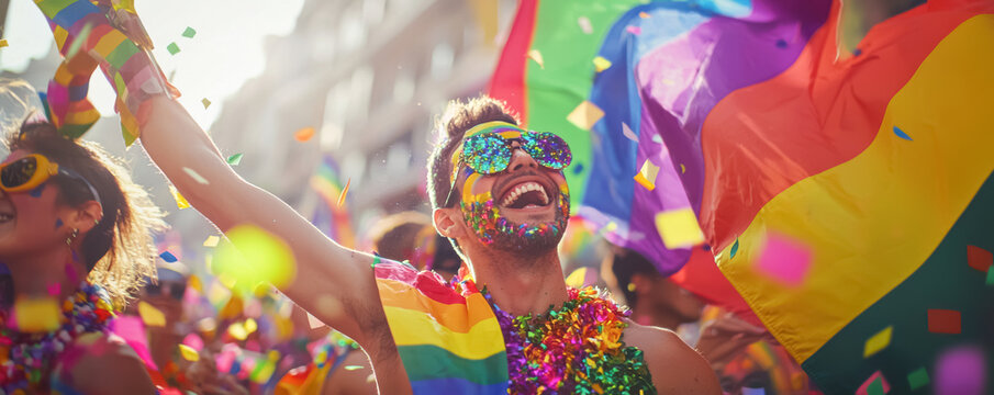 LGBTQ pride parade with joyful man in rainbow outfit celebrating

