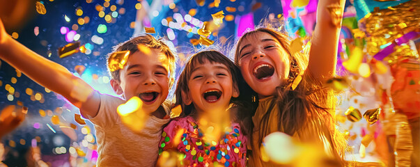 Three children laughing and playing in colorful carnival lights
