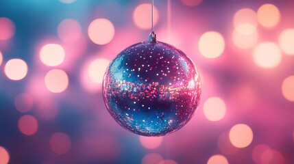 Fototapeta premium A classic disco ball with bright, colorful reflections, set against a pink and purple glowing background. Ideal for nightlife, parties, and music-themed content.