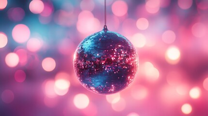 Fototapeta premium A classic disco ball with bright, colorful reflections, set against a pink and purple glowing background. Ideal for nightlife, parties, and music-themed content.